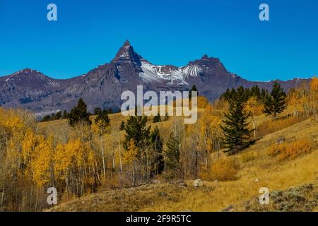 Pilot Peak (L) und Index Peak mit goldenen Espen, in der Nähe des Beartooth Highway im Shoshone National Forest, Wyoming, USA Stockfoto