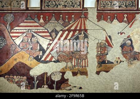 Gemälde der Eroberung Mallorcas, 1285-90. Palace Berenguer Aguilar, Barcelona. Royal Camp mit James I. Nationales Kunstmuseum von Katalonien. Barcelona. Stockfoto