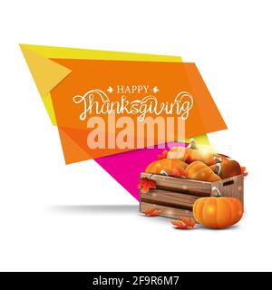 Happy Thanksgiving, Grußbanner mit geometrischem Design und Holzkisten mit reifen Kürbissen Stockfoto