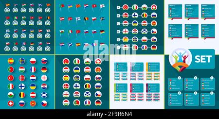 European Football 2020 Mega Set. Europäischer Fußball 2020 Land Flaggen, Tean-Gruppen und Spiele auf Turnier Hintergrund Vektor-Set. Infografik Mega c Stock Vektor