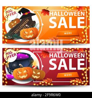 Setze horizontale Halloween Banner mit Knöpfen. Orangefarbene und rote Rabattbanner für Ihr Unternehmen mit schönen Symbolen Stockfoto