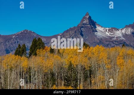 Pilot Peak (L) und Index Peak mit goldenen Espen, in der Nähe des Beartooth Highway im Shoshone National Forest, Wyoming, USA Stockfoto