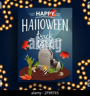 Happy Halloween, Trick or Treat, kreative vertikale Postkarte mit Herbstblättern, Grabstein und Zombie Hand Stockfoto