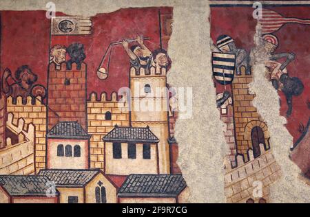Gemälde der Eroberung Mallorcas, 1285-90. Palace Berenguer Aguilar, Barcelona. Nationales Kunstmuseum von Katalonien. Barcelona. Katalonien. Spanien. Stockfoto