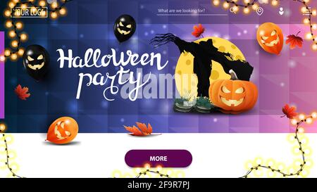 Halloween-Party, horizontales Einladungsbanner für Homepage-Website mit blauer polygonaler Textur, Halloween-Ballons, Vogelscheuche und Kürbis-Jack dagegen Stockfoto