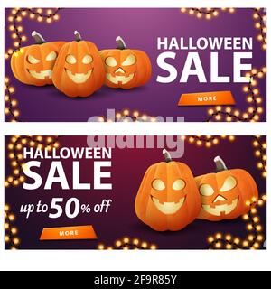 Halloween-Verkauf, zwei Rabatt-Banner mit Kürbissen. Lustige Vorlagen für Ihre Kunst Stockfoto