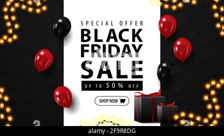 Black friday Sale, horizontales Webbanner für Ihr Unternehmen mit Geschenken. Schwarzes Rabattbanner mit Luftballons Stockfoto