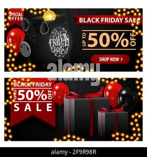 Black friday Sale, bis zu 50 Rabatt, zwei schwarze horizontale Rabatt-Banner mit Sparschwein, Ballons und Geschenken. Stockfoto