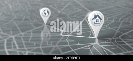 GPS-Navigation Straßenkarte mit Pin-Symbol auf Routen. Kartenposition und Pinmarkierung. Logistik, Geographie, Transport, Reise und Navigation GPS-Konzept. 3D Stockfoto