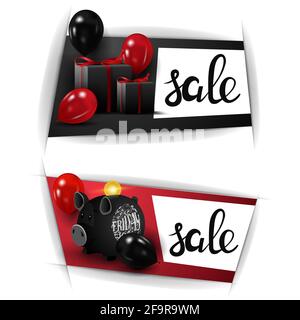 Black friday Sale, zwei horizontale Rabatte Banner mit Sparschwein, Ballons und Geschenke isoliert auf weißem Hintergrund für Ihre Kunst. Schwarz und rot Bann Stockfoto