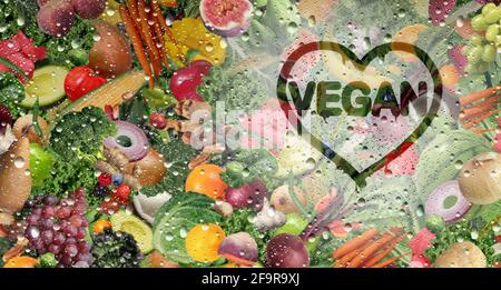 Vegane Liebe und vegetarische frisches Obst und Gemüse hinter einem kalten Glas mit Kondensation und natürlichen rohen Früchten und Gemüse als gesundes Bio. Stockfoto