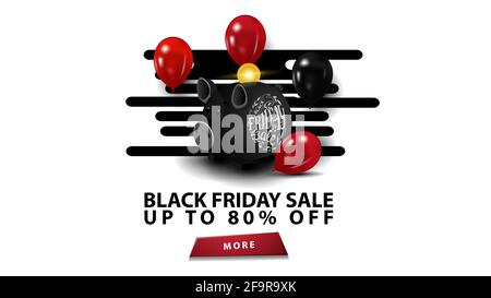 Black friday Sale, bis zu 80 Rabatt, kreative schwarze Vorlage in minimalistischem, modernem Stil mit Sparschwein und Ballons. Schwarze Schablone isoliert auf weißem b Stockfoto