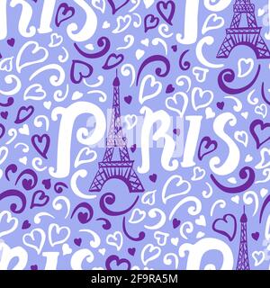 Nahtloses Muster. Handzeichnung des Eiffelturms. Modernes, helles Oberflächendesign für Kinder. Weiße, lila abstrakte Herzen und Lockenzeichnung. Vektorgrafik Stock Vektor