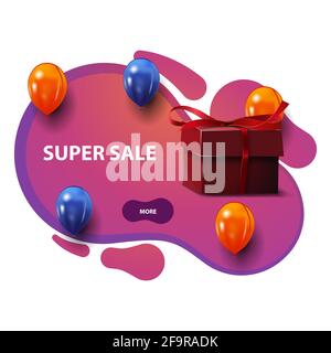 Super Verkauf, Rabatt Banner in Lava lmp Stil mit Ballons und Geschenk Stockfoto