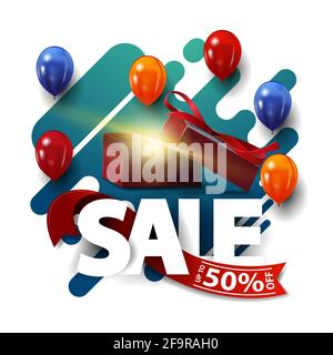 Sale, bis zu 50 Rabatt, grünes abstraktes quadratisches festliches Rabattbanner mit Luftballons und Geschenkbox Stockfoto