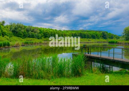 Blick auf einen unberührten natürlichen Pool umgeben von Hügeln und Wäldern in der Nähe von Sopron, Ungarn Stockfoto
