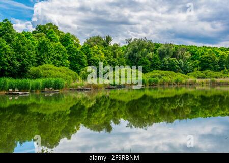 Blick auf einen unberührten natürlichen Pool umgeben von Hügeln und Wäldern in der Nähe von Sopron, Ungarn Stockfoto