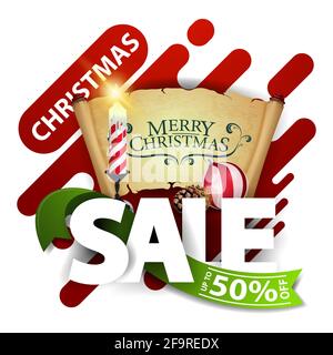 Weihnachtsverkauf, bis zu 50 Rabatt, Pop-up-Rabatt für Website mit großen Buchstaben, grünes Band, Weihnachtskerze, altes Pergament, Weihnachtskugel und Kegel Stockfoto