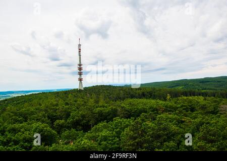 Luftaufnahme eines Waldes mit einem Telekommunikationsturm bei sopron, ungarn. Stockfoto