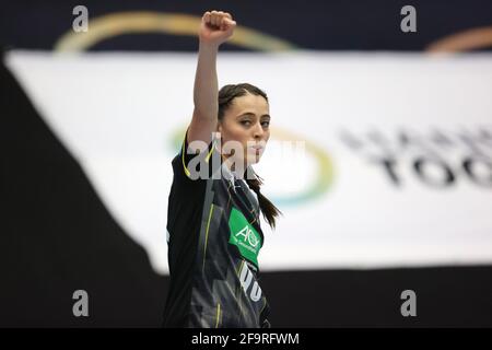 Hamm, Deutschland. 2021. Apr 04. firo: 20/2021 Handball: Frauen Frauen Landerspiel WM Qualifikation DHB Frauen Nationalmannschaft Deutschland - Portugal Jubel, Goaljubel, Geste, Geste, Annika Ingenpass Quelle: dpa/Alamy Live News Stockfoto