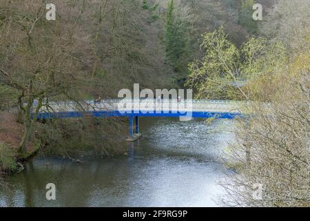 Glasgow Botanic Gardens, Fußgängerbrücke über den Fluss Kelvin im öffentlichen Park, Glasgow West End, Schottland, Großbritannien Stockfoto