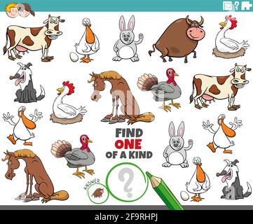 Cartoon Illustration der finden Sie eine Art Bild pädagogisch Spiel mit lustigen Bauernhof Tierfiguren Stock Vektor