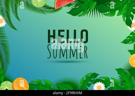 Hallo Sommer Vektor Cartoon Banner Konzept. Text in tropischem Blumen- und Obstrahmen für Einladung, Poster, Broschüre, Gutschein, Verkauf, Und Rabattkarten-Design. Frische Limette, Orange und Wassermelone. Stock Vektor