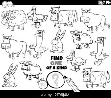Schwarz-Weiß-Cartoon-Illustration von finden Sie eine von einem Kind Bild pädagogisches Spiel mit lustigen Bauernhof Tier Zeichen Färbung Buchseite Stock Vektor