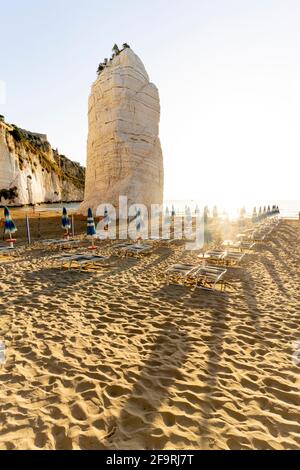 Die ikonische Felsformation Pizzomunno und Sonnenliegen im Morgengrauen, Strand von Castello, Vieste, Provinz Foggia, Gargano, Apulien, Italien Stockfoto