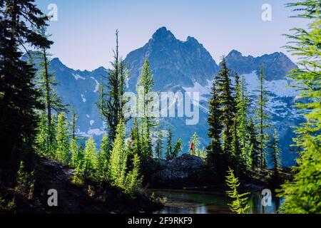 Weibliche Wanderin auf dem Felsen in North Cascades Nationalpark Stockfoto