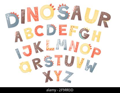 Cartoon niedlichen Dino Alphabet. Dinosaurier Schriftart mit Buchstaben . Kinder Vektor-Illustration für T-Shirts, Karten, Poster, Geburtstagsfeiern, Papierdesign, Kinder- und Kinderzimmer-Design Stock Vektor