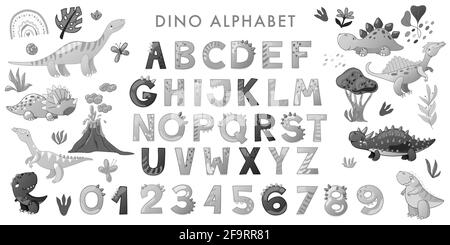 Cartoon niedlichen Dinosaurier Alphabet schwarz und weiß. Dino-Schrift mit Buchstaben und Zahlen. Kinder Vektor-Illustration für T-Shirts, Karten, Poster, Geburtstagsfeiern, Kinder und Kinderzimmer-Design Stock Vektor