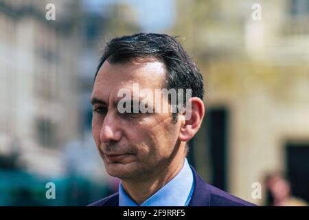 Reims Frankreich 20. April 2021 Laurent Jacobelli, Sprecher des Rassemblement National, unterstützt die Demonstration der Polizeikräfte, die eingreift Stockfoto