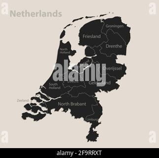 Schwarze Karte der Niederlande mit Namen von Regionen, Design Tafel Vektor Stock Vektor