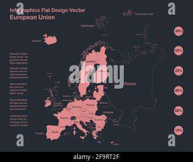 Infografiken Europa Union Kartenumriss, flaches Design, Vektor Stock Vektor