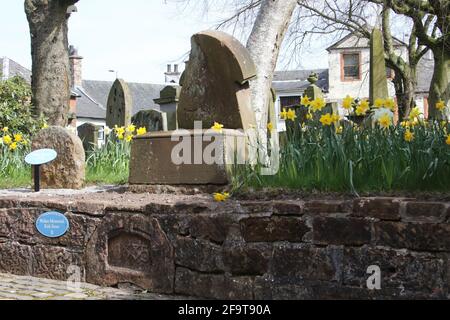 Schottland, Ayrshire, Mauchline Church, Graveyard, 16. April 2021. Markierte Gräber mit Verbindungen zu Robert Burns Stockfoto