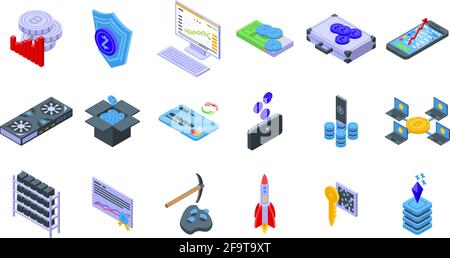 Symbole für Kryptowährungen gesetzt. Isometrischer Satz von Kryptowährungs-Vektor-Symbolen für Webdesign auf weißem Hintergrund isoliert Stock Vektor