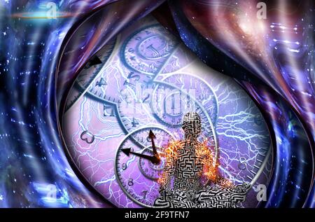 Surrealismus. Figur eines Mannes in Lotuspose in Flammen. Spiralen aus Zeit und verformtem Raum. 3D-Rendering Stockfoto
