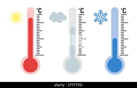 Satz von Thermometern. Vektorgrafik. Symbole mit unterschiedlichen Temperaturstufen. Stock Vektor