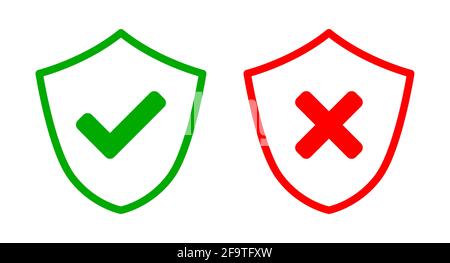 Schild Grün und Rot Safe and Unsafe Security Symbol mit einem Kreuz und X-Zeichen gesetzt. Vektorbild. Stock Vektor