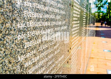 Ansicht einer Mauer der Opfer des Warschauer Aufstands im Inneren des Museums, das dieser Veranstaltung gewidmet ist, Polen. Stockfoto