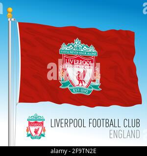 Europa, Jahr 2021, Flagge des Liverpool Football Club und Wappenmannschaft in der neuen Super League Meisterschaft, Illustration Stockfoto