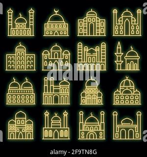 Moschee-Ikonen-Set. Umreißen Satz von Moschee Vektor-Symbole Neonfarbe auf weiß Stock Vektor