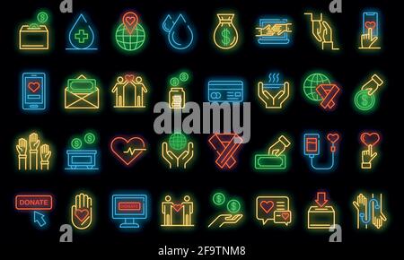 Symbole für Spenden eingestellt. Skizzieren Satz von Spenden Vektor-Icons Neonfarbe auf weiß Stock Vektor