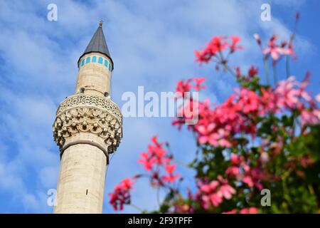 Verschwommene rosa Blüten und eines der Minarette der Selimiye-Moschee aus dem 16. Jahrhundert in Konya, Türkei. Stockfoto