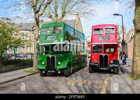 London, Großbritannien. 18. April 2021. Event LT RLHs 50 Jahre später - Vintage Doppeldeckelbus in Clapton. Quelle: Waldemar Sikora Stockfoto