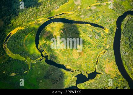 Luftaufnahme Green Forest Woods Und Flusslandschaft Im Sonnigen Frühling Sommertag. Top Blick Auf Die Schöne Europäische Natur Von High Attitude Im Herbst Stockfoto