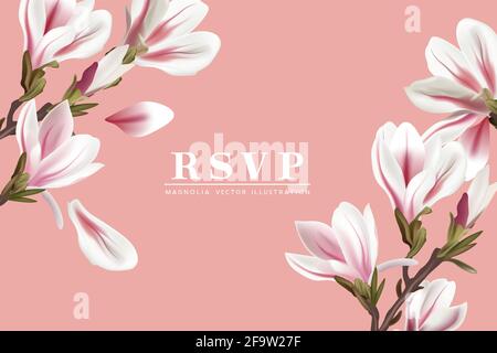 Vorlage für die Platzierung der Karte mit floralen Magnolien-Blumen RSVP. Moderne Layout-Vektor-Illustration. Stock Vektor