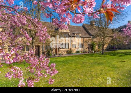 Blick auf die Frühlingsblüten und die traditionellen Cottages, Stamford, South Kesteven, Lincolnshire, England, Vereinigtes Königreich, Europa Stockfoto