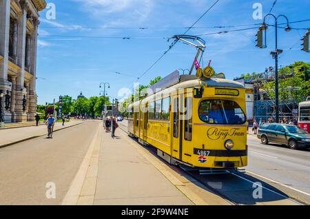 WIEN, ÖSTERREICH, 08. JUNI 2015: Berühmte Wiener Ringstraße mit historischem Burgtheater und traditioneller roter Straßenbahn Stockfoto